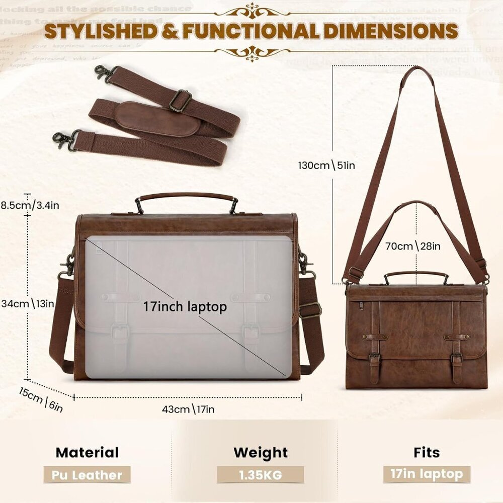 Mens Messenger Bag 17 Inch Waterproof Vintage Leather Laptop Briefcase Large Com - Picture 3 of 7